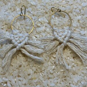 Elegant White Tassel Macrame Artisan made Hoop Earrings